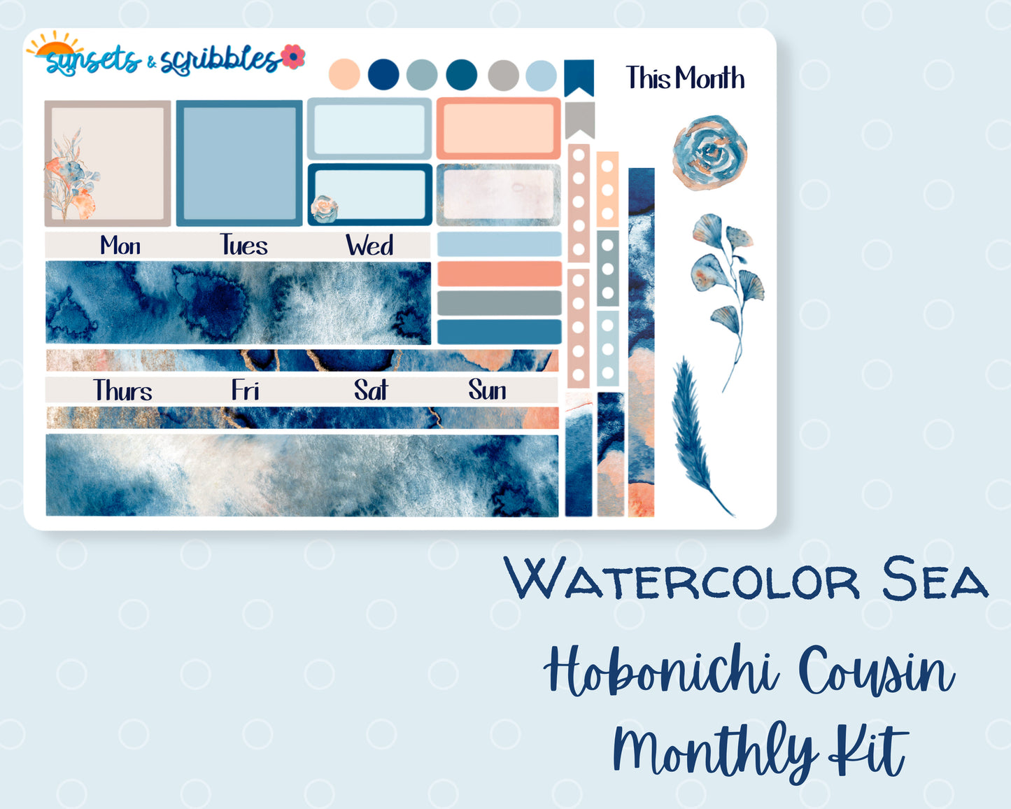Watercolor Sea Hobonichi Cousin Monthly Planner Stickers Kit