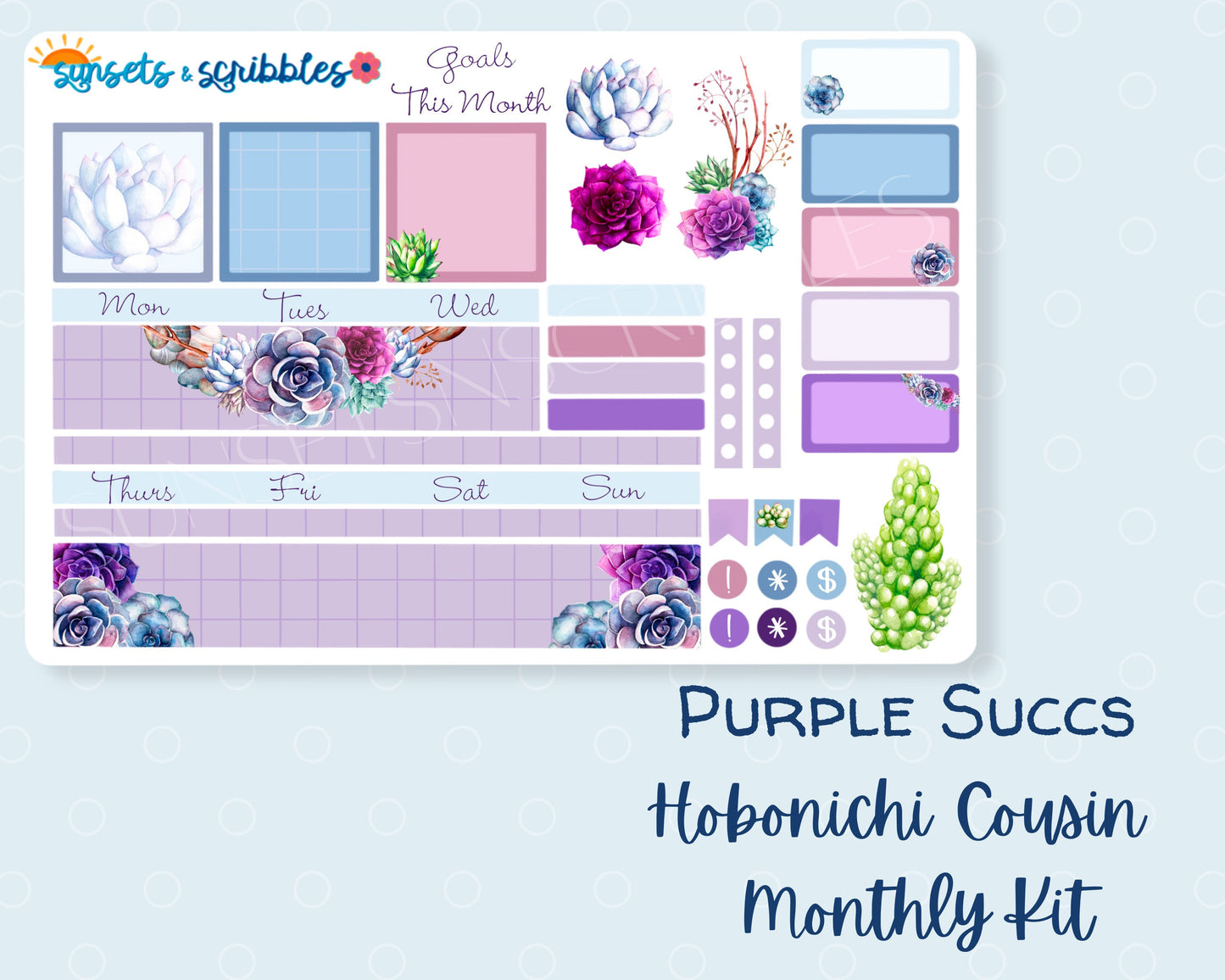 Purple Succulents Hobonichi Cousin Monthly Planner Stickers