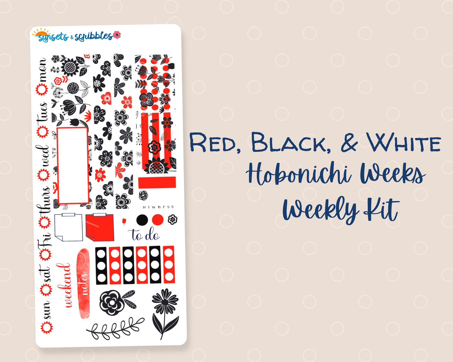 Red, Black and White Flower Hobonichi Weeks Monthly stickers | Hobonichi Weeks Weekly Stickers