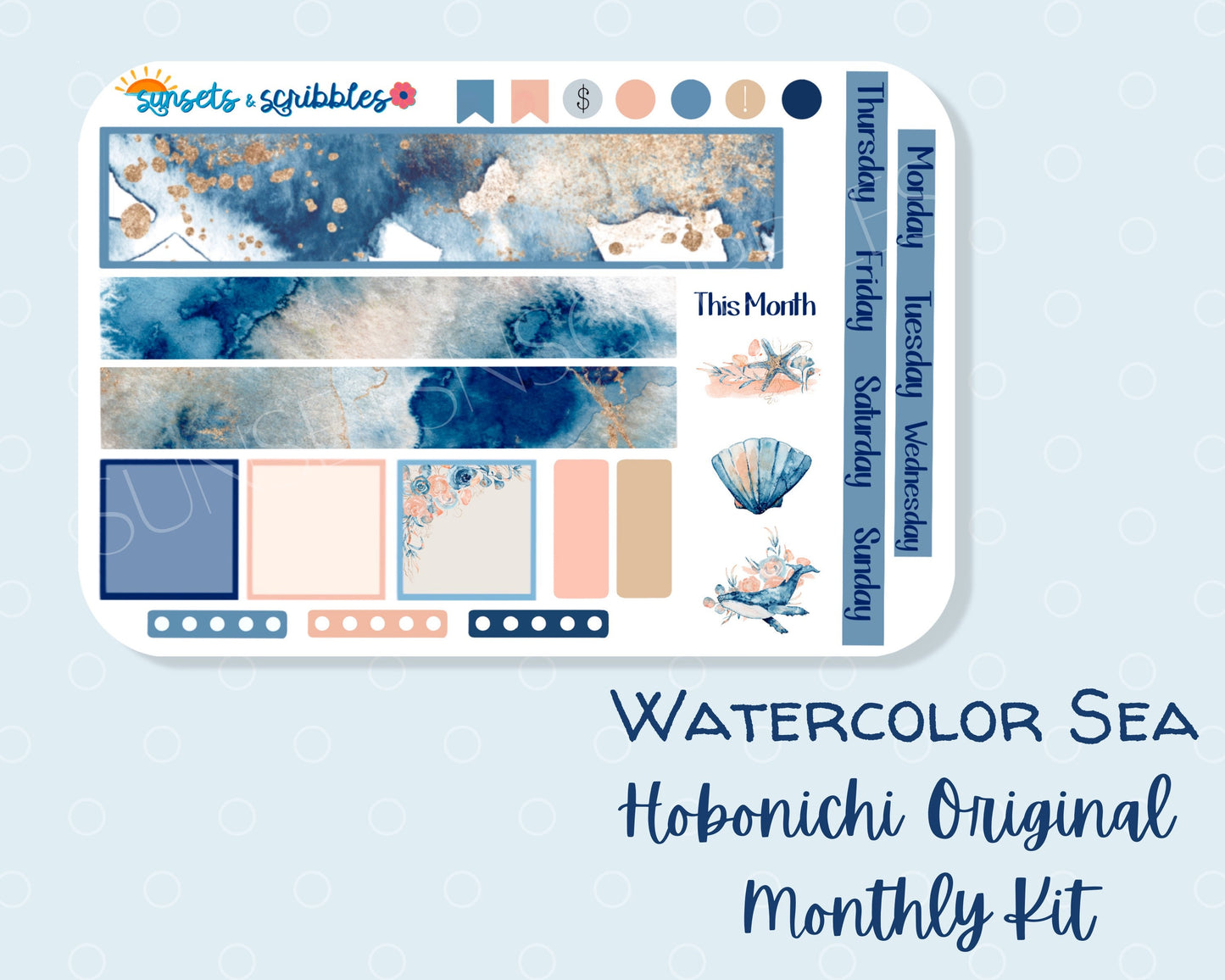 Watercolor Sea Hobonichi Original Monthly Planner Stickers