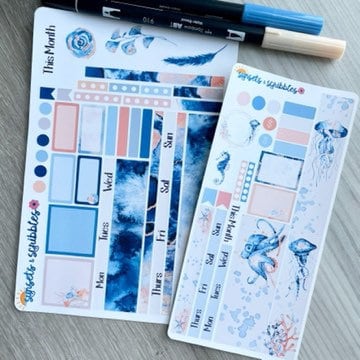 Watercolor Sea Hobonichi Cousin Monthly Planner Stickers Kit