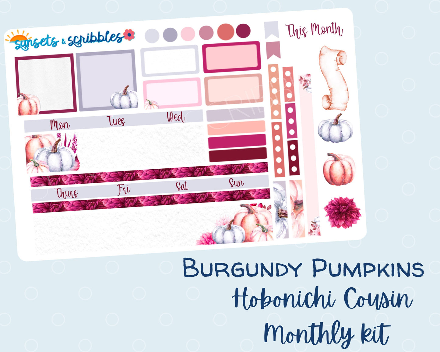 Burgundy Pumpkins Hobonichi Cousin Monthly Planner Stickers V1