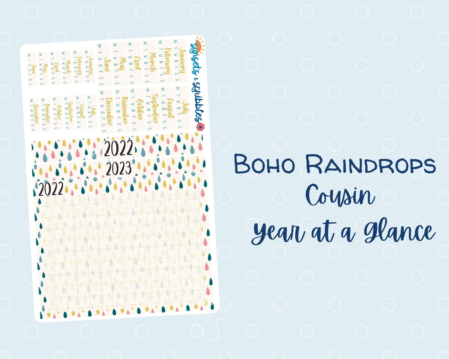 Boho Raindrops Hobonichi Cousin Year- at- a- glance Stickers