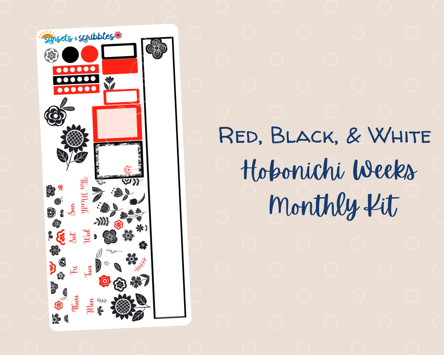 Red, Black and White flower Hobonihi Weeks Monthly Stickers