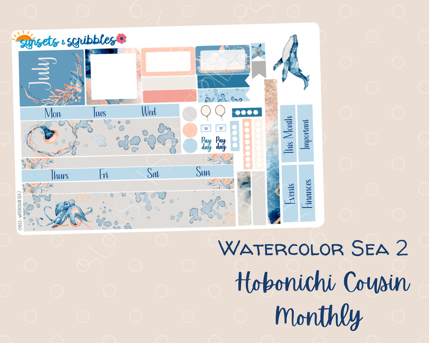 Watercolor Sea Hobonichi Cousin Monthly Planner Stickers V2