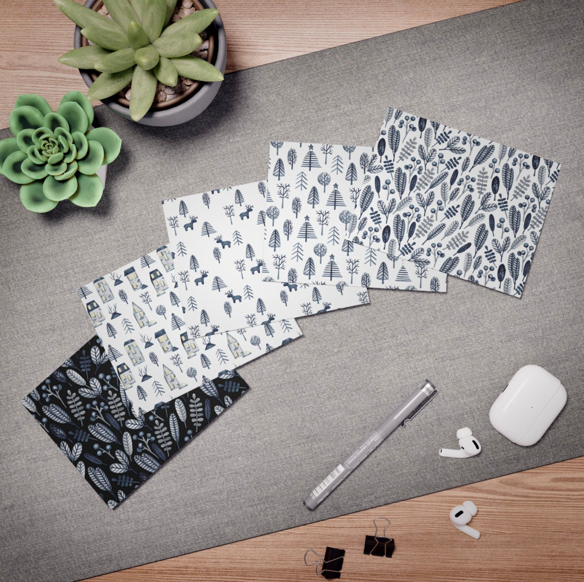 Blue Floral Blank Greeting Cards Stationery Set of 5