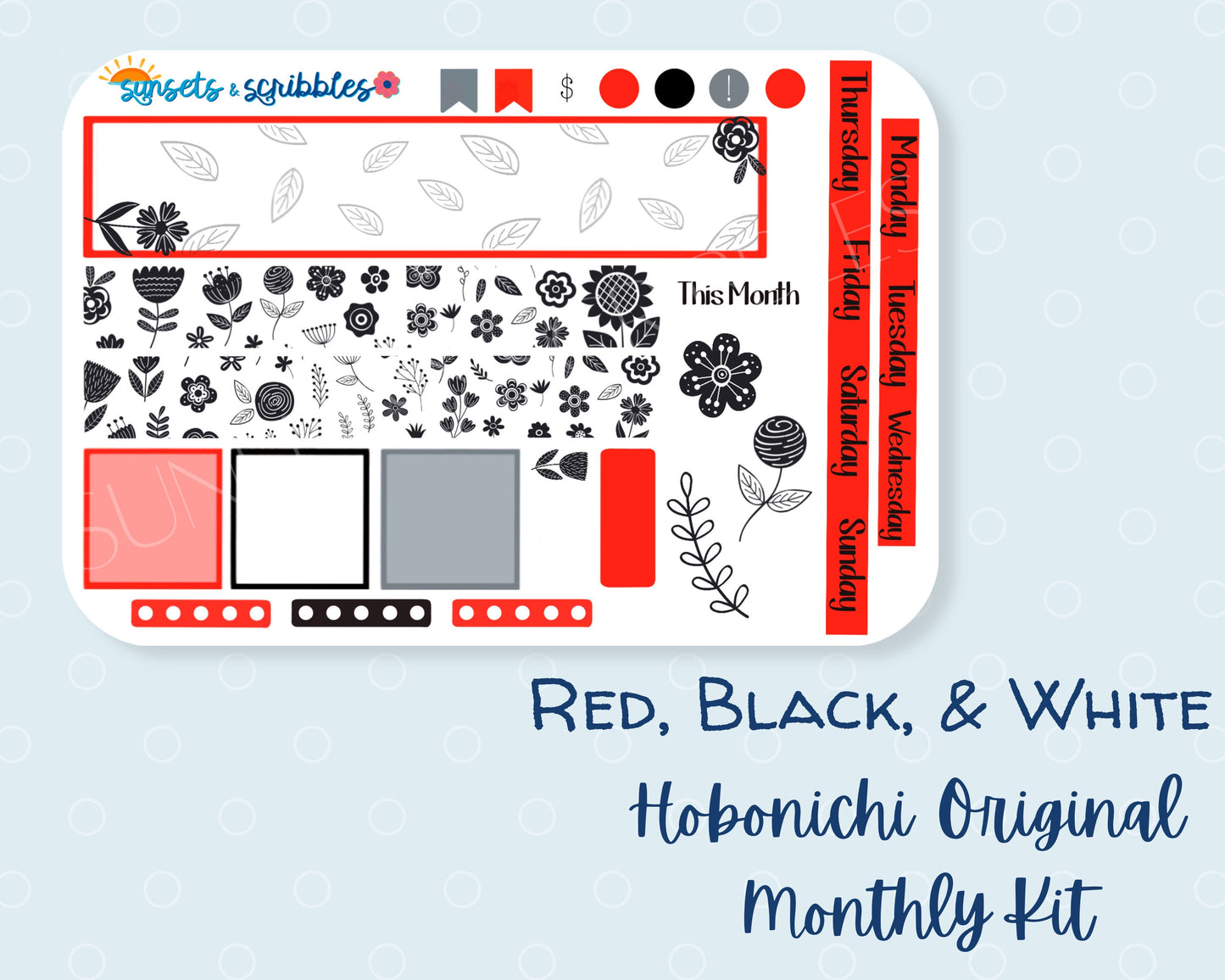 Black, White, and Red Flowers Hobonichi Original Monthly Planner Stickers
