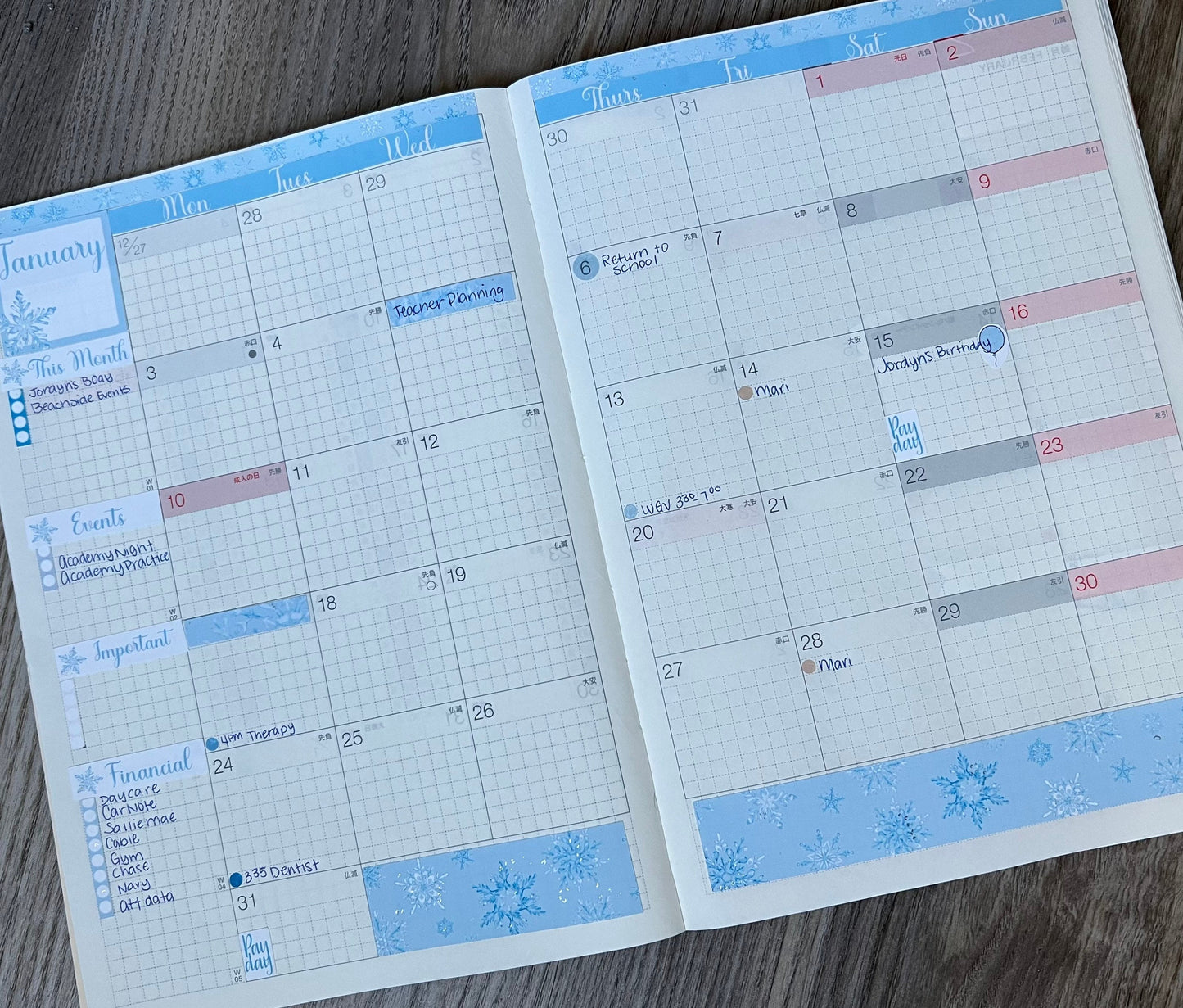 Fallen Snow Hobonichi Cousin Monthly Planner Stickers