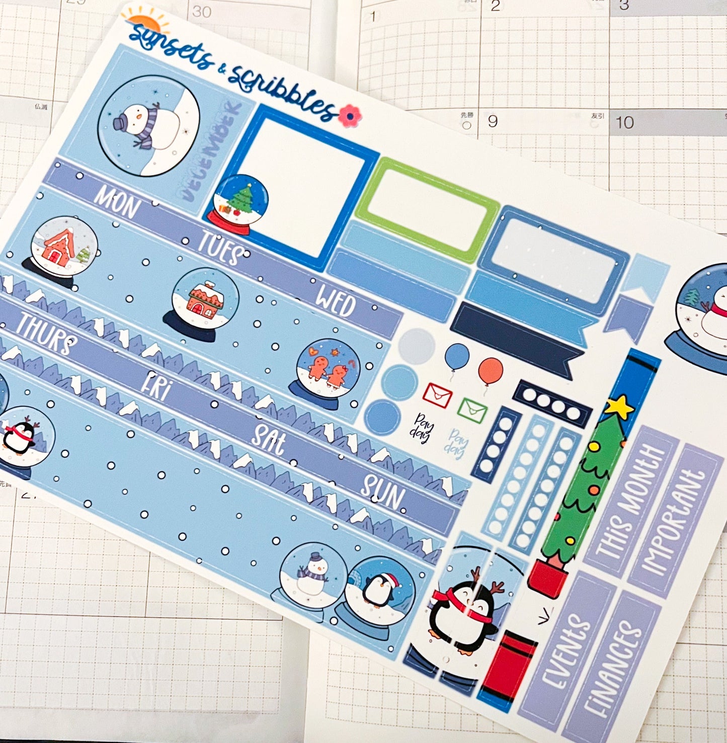 Winter Snow Globes Hobonichi Cousin Monthly Planner Stickers