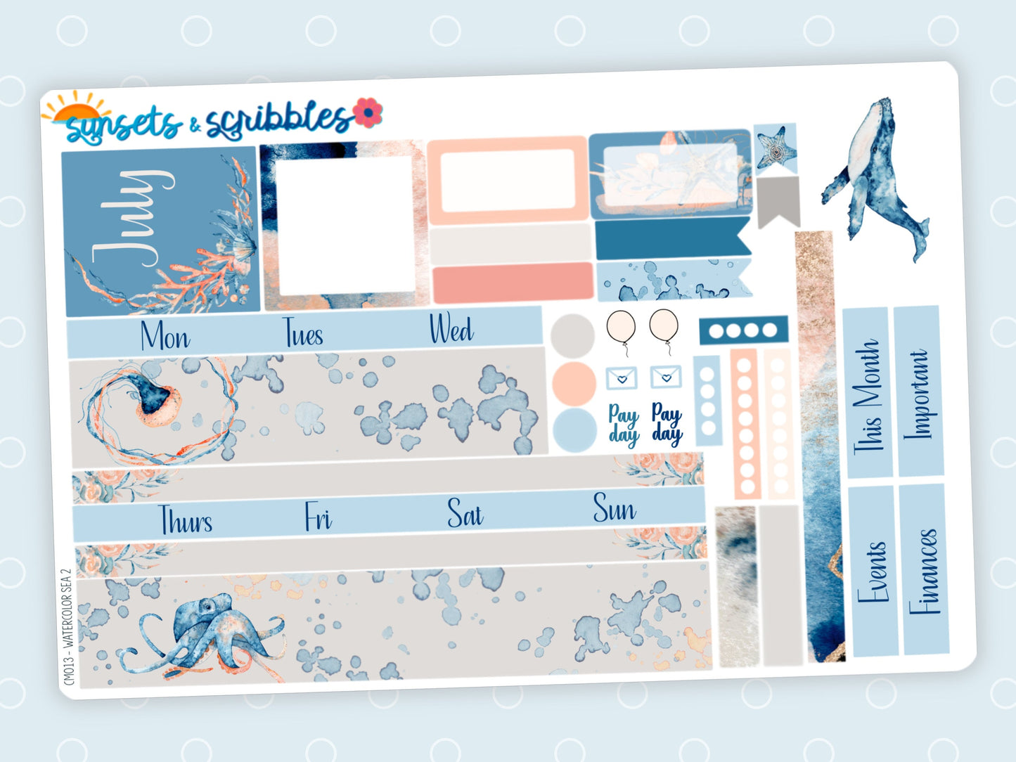 Watercolor Sea Hobonichi Cousin Monthly Planner Stickers V2