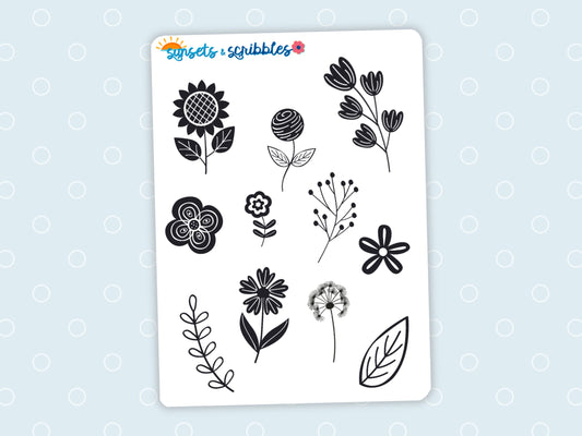 Black Flower Clear Stickers