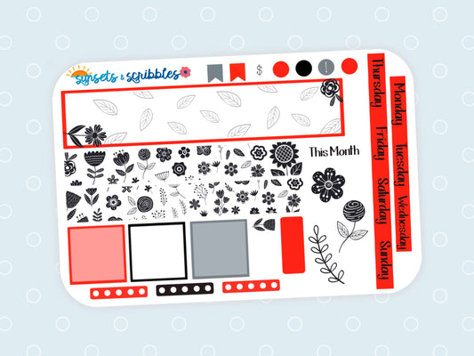 Black, White, and Red Flowers Hobonichi Original Monthly Planner Stickers